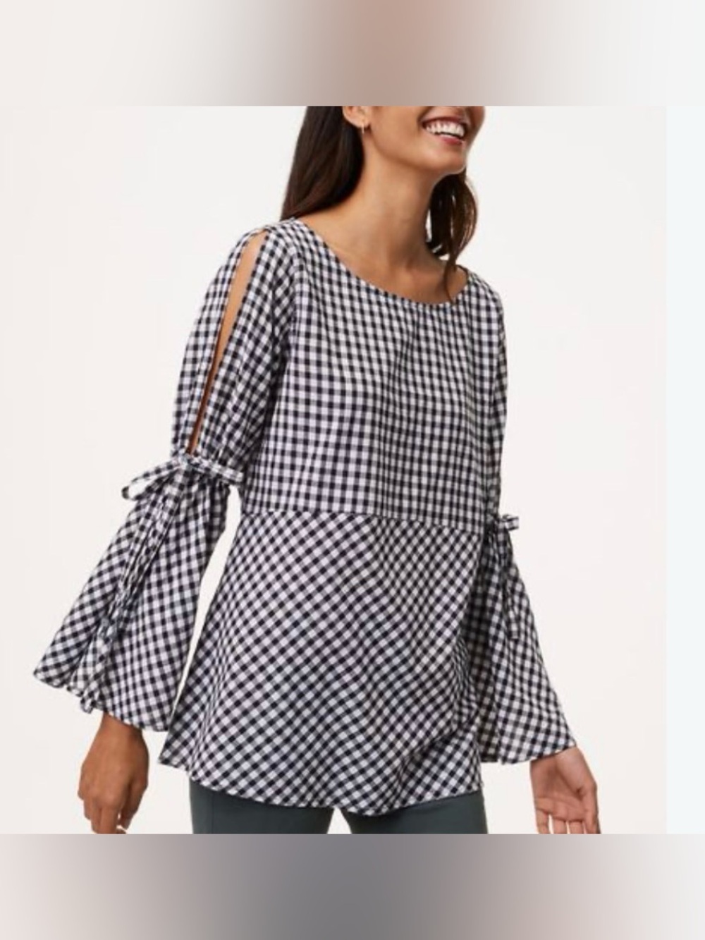 LOFT Black & White Gingham Split-Sleeve Peplum Tunic Top
